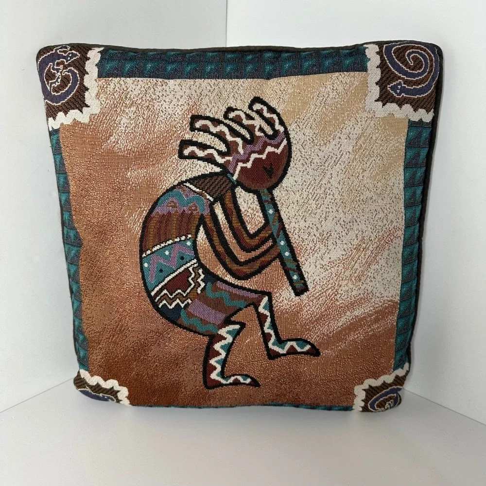 Kokopelli Woven Tapestry‎ Throw Pillow Southwest Flute Player 2 Sided 15x15